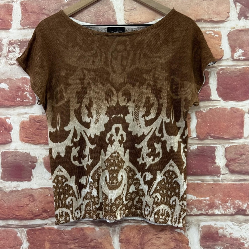 Investments Petites Top Women's SP Brown Linen Blend Boho Floral Knit Shirt